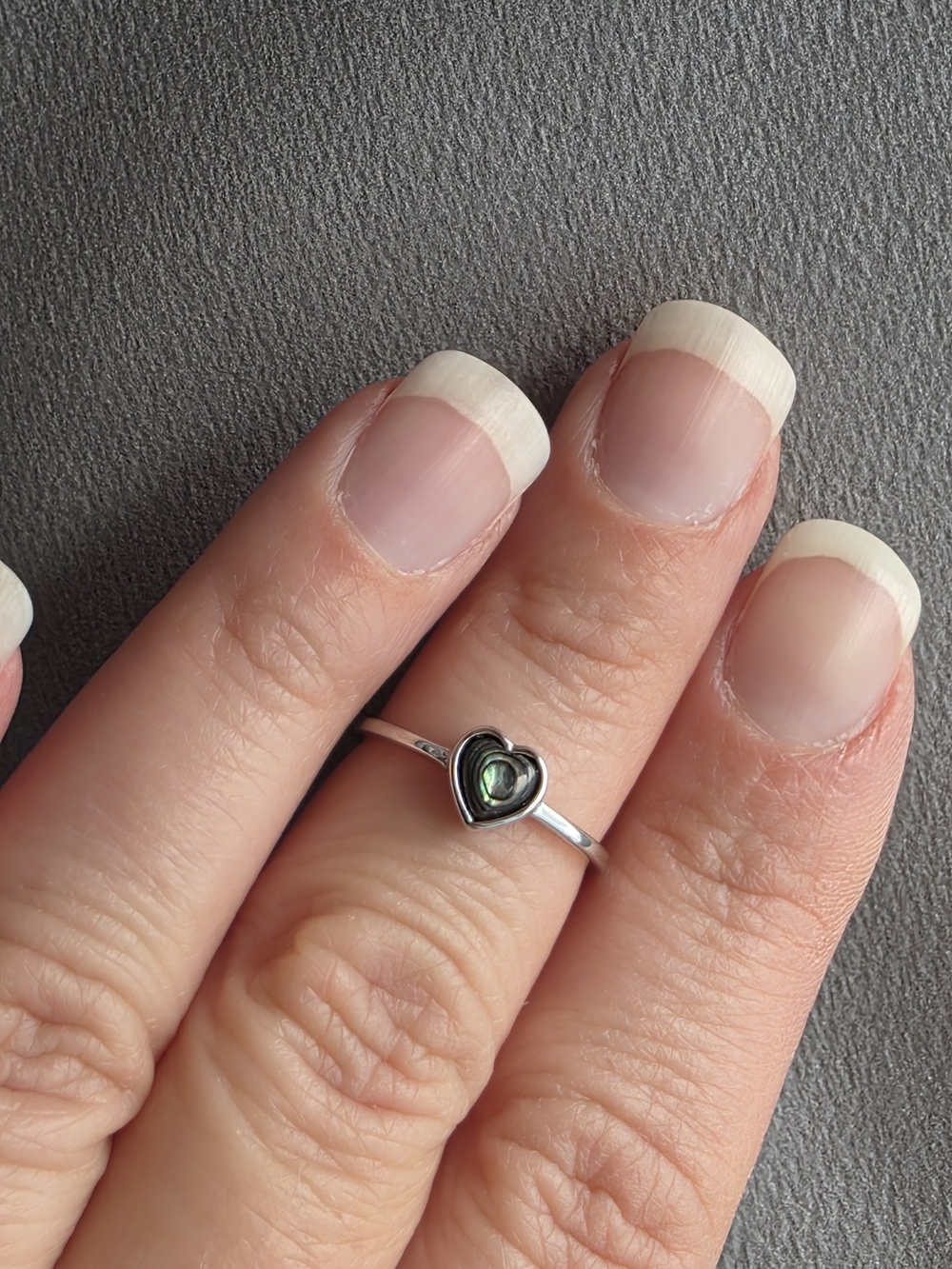 Sterling Silver Heart Abalone Ring - Petite Iridescent Green